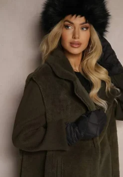 Zielony Płaszcz Futerko z Rękawami z Dzianiny Ravileth