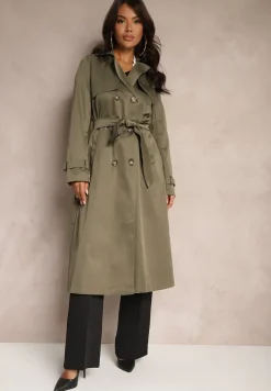 Zielony Płaszcz w Stylu Trencza z Paskiem i Klamrą Sinthelle