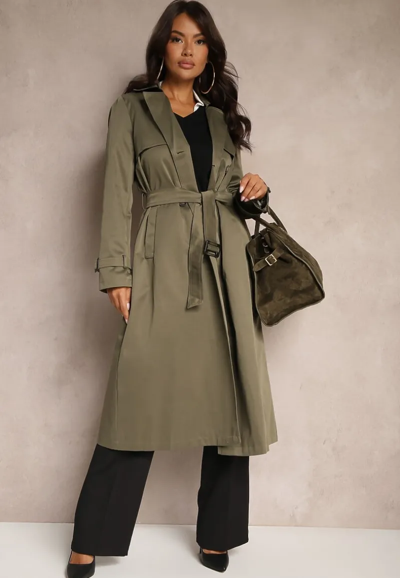 Zielony Płaszcz w Stylu Trencza z Paskiem i Klamrą Sinthelle