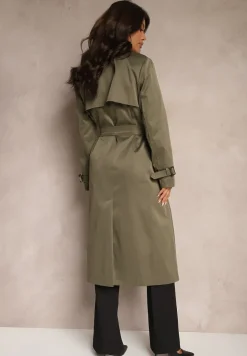 Zielony Płaszcz w Stylu Trencza z Paskiem i Klamrą Sinthelle