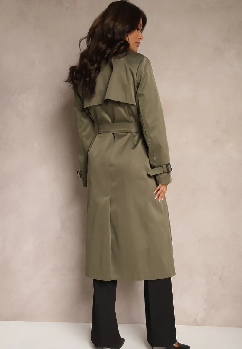 Zielony Płaszcz w Stylu Trencza z Paskiem i Klamrą Sinthelle