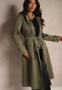 Zielony Płaszcz w Stylu Trencza z Paskiem i Klamrą Sinthelle