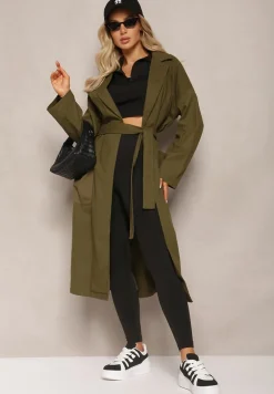Zielony Płaszcz z Wiązanym Paskiem Oversize Terethia