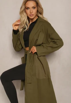 Zielony Płaszcz z Wiązanym Paskiem Oversize Terethia
