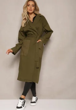 Zielony Płaszcz z Wiązanym Paskiem Oversize Terethia