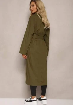 Zielony Płaszcz z Wiązanym Paskiem Oversize Terethia