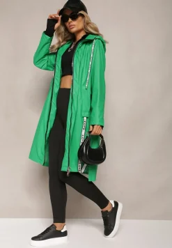 Zielony Płaszcz za Kolano z Tasiemką i Kapturem Penela