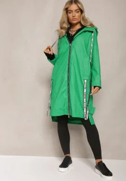 Zielony Płaszcz za Kolano z Tasiemką i Kapturem Penela
