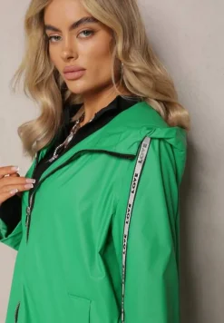 Zielony Płaszcz za Kolano z Tasiemką i Kapturem Penela