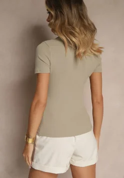 Zielony Prążkowany T-shirt Polo z Bawełny Ozdobiony Guzikami Lilvivia