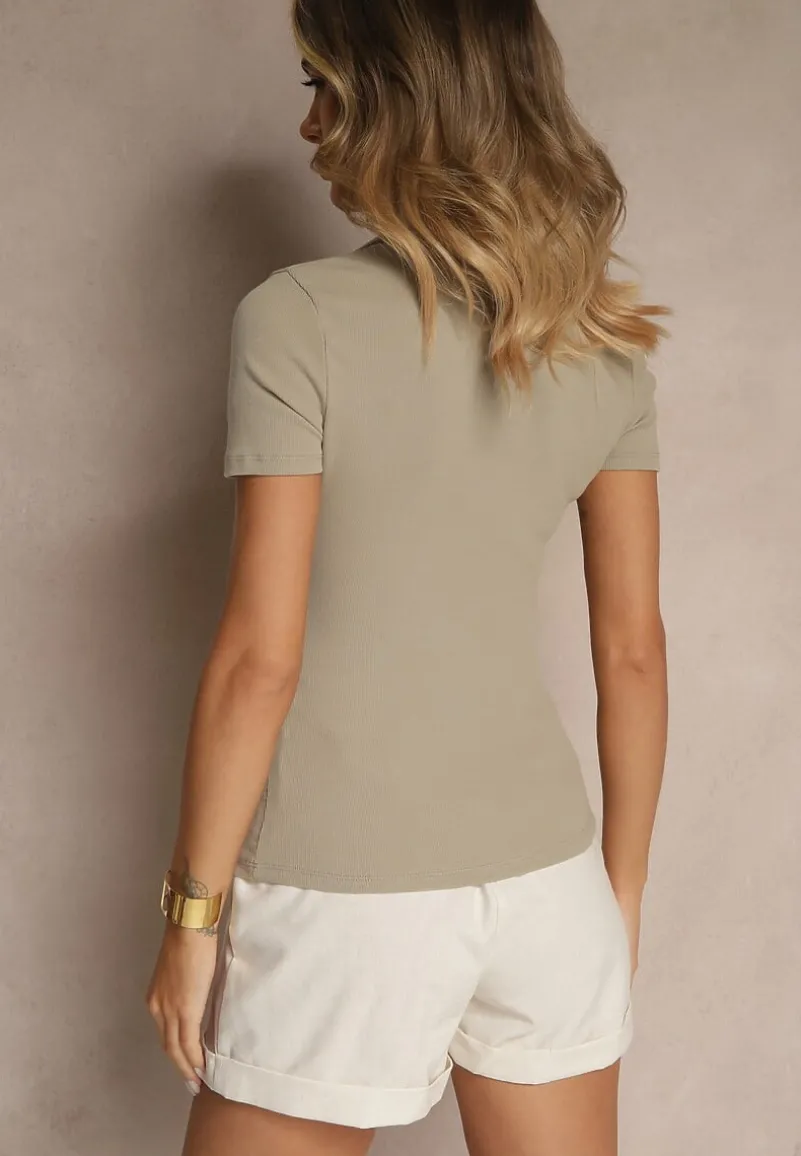 Zielony Prążkowany T-shirt Polo z Bawełny Ozdobiony Guzikami Lilvivia