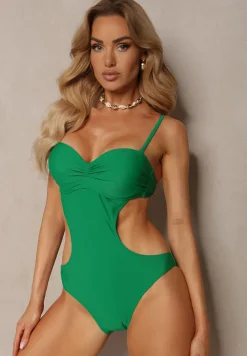 Zielony Strój Kąpielowy Jednoczęściowy z Wycięciami w Talii i na Plecach Tovantia