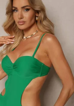 Zielony Strój Kąpielowy Jednoczęściowy z Wycięciami w Talii i na Plecach Tovantia