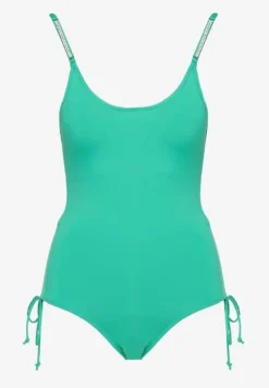 Zielony Strój Kąpielowy Jednoczęściowy na Cienkich Ramiączkach Ściągane Sznurkami po Bokach Cremenna