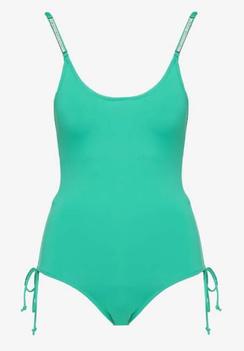 Zielony Strój Kąpielowy Jednoczęściowy na Cienkich Ramiączkach Ściągane Sznurkami po Bokach Cremenna