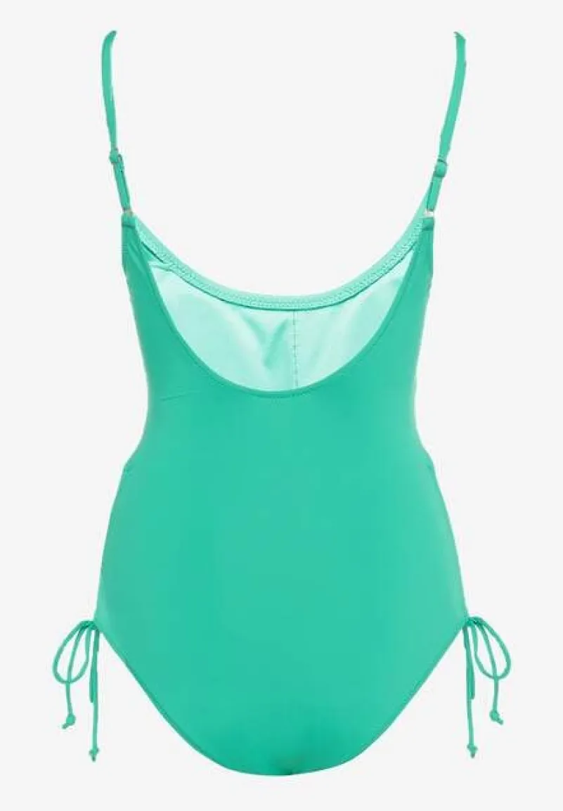 Zielony Strój Kąpielowy Jednoczęściowy na Cienkich Ramiączkach Ściągane Sznurkami po Bokach Cremenna