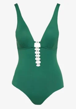 Zielony Strój Kąpielowy Jednoczęściowy Ozdobiony Wycięciami z Wyjmowanymi Miseczkami Tulbia