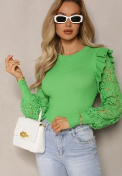 Zielony Sweter z Koronką i Bufiastym Rękawem Yuntus