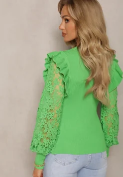 Zielony Sweter z Koronką i Bufiastym Rękawem Yuntus