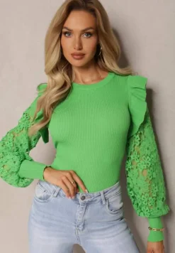 Zielony Sweter z Koronką i Bufiastym Rękawem Yuntus