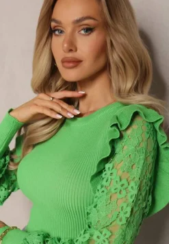 Zielony Sweter z Koronką i Bufiastym Rękawem Yuntus