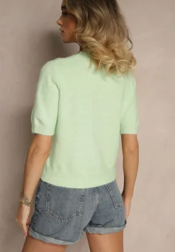 Zielony Sweter z Wełną Krótkim Rękawem Ozdobiony Ściągaczami Emiralin