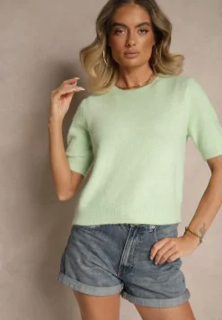 Zielony Sweter z Wełną Krótkim Rękawem Ozdobiony Ściągaczami Emiralin