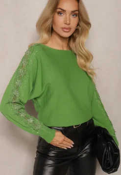 Zielony Sweter z Wiskozą z Cyrkoniami i Koronką na Rękawach Enarimia