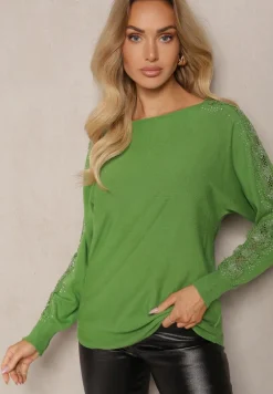 Zielony Sweter z Wiskozą z Cyrkoniami i Koronką na Rękawach Enarimia