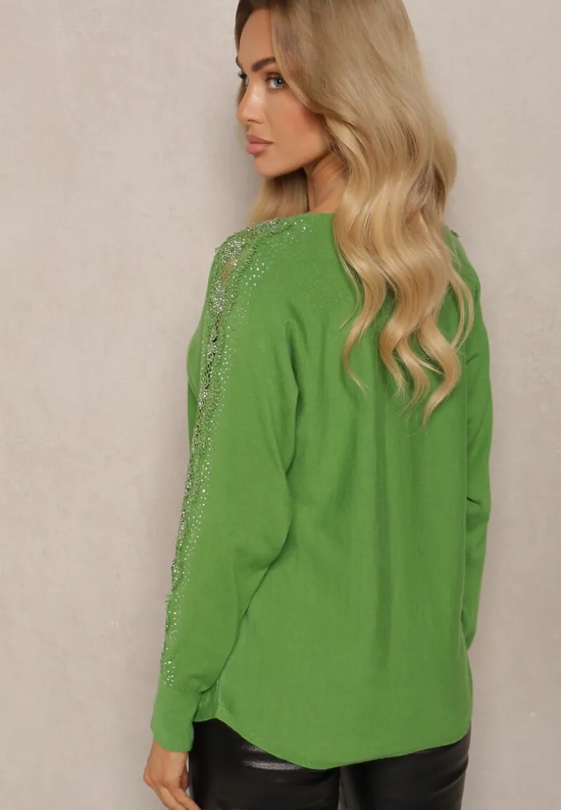 Zielony Sweter z Wiskozą z Cyrkoniami i Koronką na Rękawach Enarimia