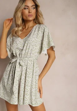 Zielony Taliowany Kombinezon z Materiałowym Paskiem i Gumką w Pasie Wykończony Guzikiem z Tyłu Penilla