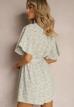 Zielony Taliowany Kombinezon z Materiałowym Paskiem i Gumką w Pasie Wykończony Guzikiem z Tyłu Penilla