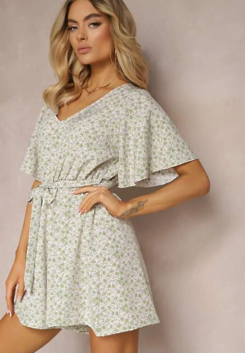 Zielony Taliowany Kombinezon z Materiałowym Paskiem i Gumką w Pasie Wykończony Guzikiem z Tyłu Penilla