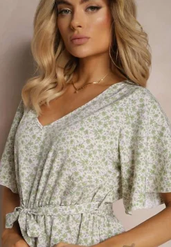 Zielony Taliowany Kombinezon z Materiałowym Paskiem i Gumką w Pasie Wykończony Guzikiem z Tyłu Penilla