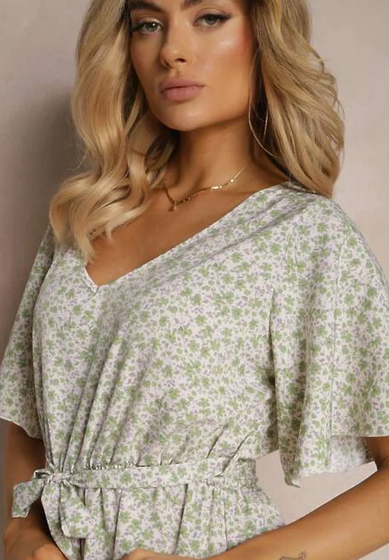 Zielony Taliowany Kombinezon z Materiałowym Paskiem i Gumką w Pasie Wykończony Guzikiem z Tyłu Penilla