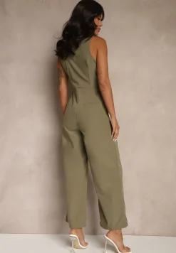 Zielony Taliowany Kombinezon Elegancki z Dekoltem V Nevianis