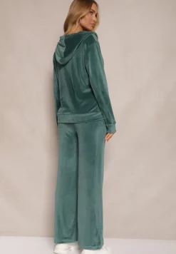 Zielony Welurowy Komplet Dresowy Bluza z Kapturem i Szerokie Spodnie Poretta
