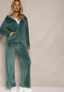 Zielony Welurowy Komplet Dresowy Bluza z Kapturem i Szerokie Spodnie Poretta