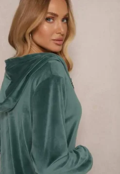 Zielony Welurowy Komplet Dresowy Bluza z Kapturem i Szerokie Spodnie Poretta