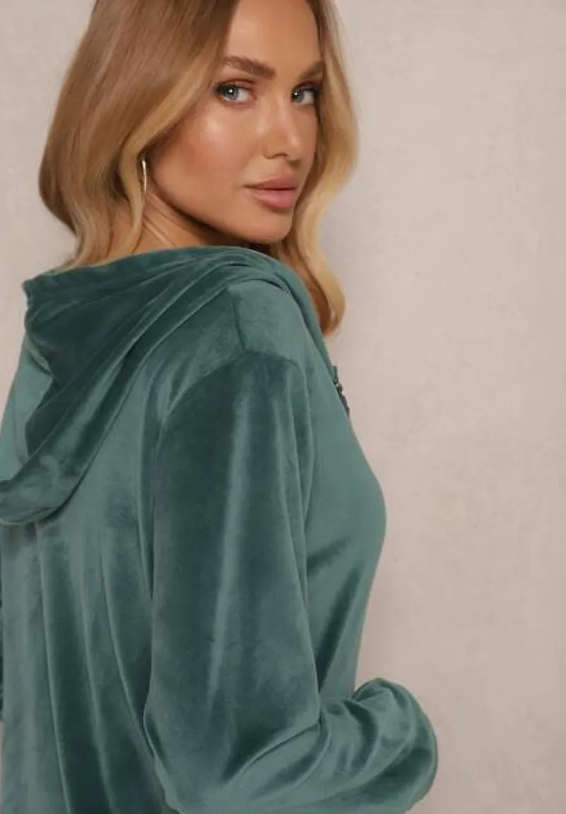 Zielony Welurowy Komplet Dresowy Bluza z Kapturem i Szerokie Spodnie Poretta