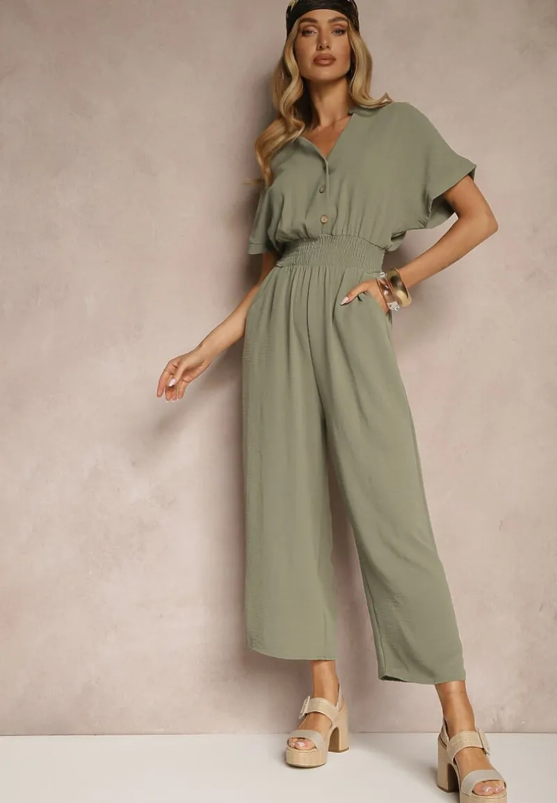 Zielony Wiskozowy Kombinezon z Dekoltem w Serek Zapinany na Guziki Anisora