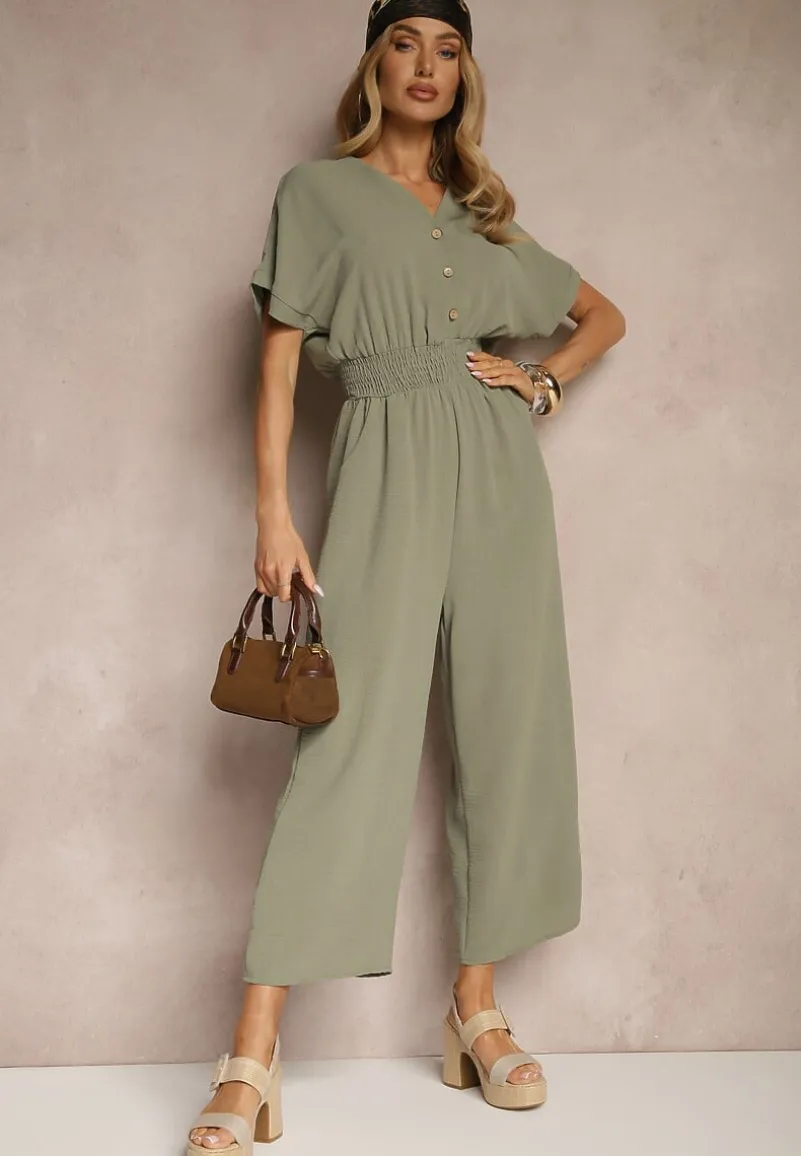 Zielony Wiskozowy Kombinezon z Dekoltem w Serek Zapinany na Guziki Anisora