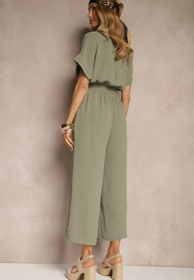 Zielony Wiskozowy Kombinezon z Dekoltem w Serek Zapinany na Guziki Anisora