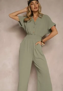 Zielony Wiskozowy Kombinezon z Dekoltem w Serek Zapinany na Guziki Anisora