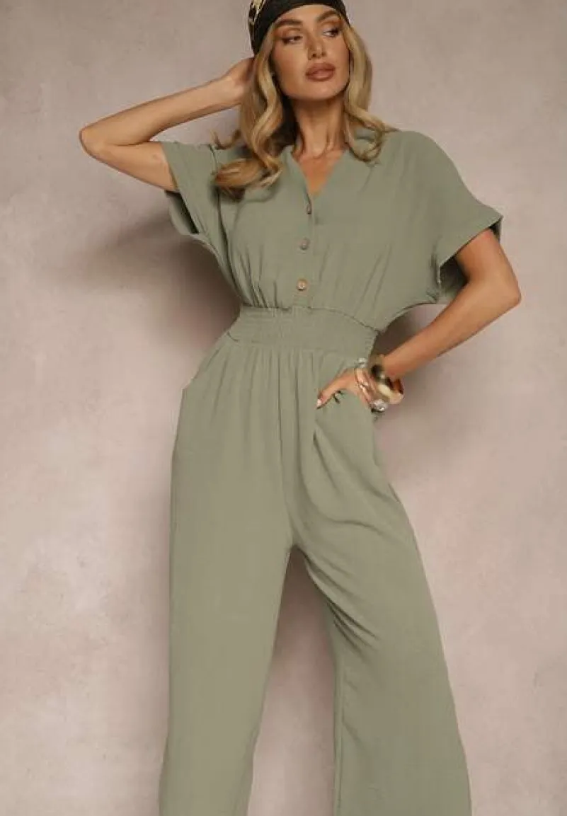 Zielony Wiskozowy Kombinezon z Dekoltem w Serek Zapinany na Guziki Anisora