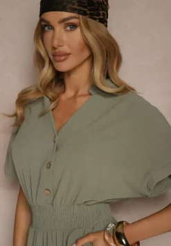 Zielony Wiskozowy Kombinezon z Dekoltem w Serek Zapinany na Guziki Anisora