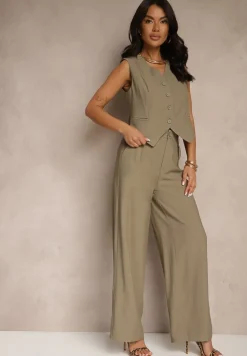 Zielony Wiskozowy Komplet o Garniturowym Kroju Kamizelka i Spodnie Soreya
