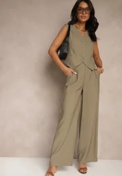 Zielony Wiskozowy Komplet o Garniturowym Kroju Kamizelka i Spodnie Soreya