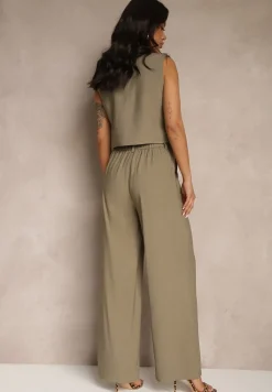 Zielony Wiskozowy Komplet o Garniturowym Kroju Kamizelka i Spodnie Soreya