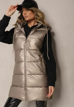 Złota Taliowana Kamizelka Przejściowa z Pikowanymi Przeszyciami i Kapturem Tintella